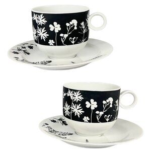 Franconia-Krautheim Candlelight 4 Pce Flat Porcelain Cup Saucer Set B/W Floral